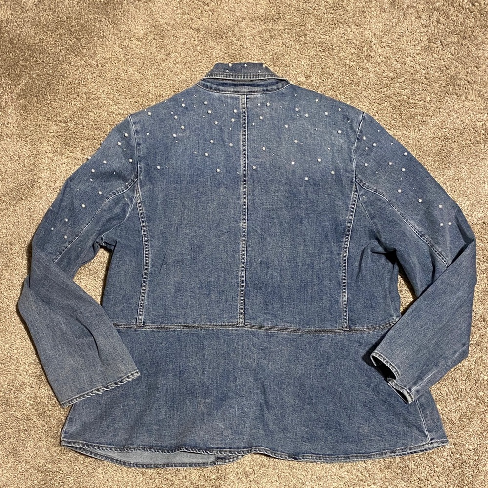 Chico's Pearl Look Studded Blue Jean Jacket - Picture 5 of 5